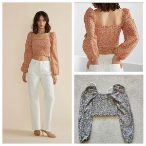 Minkpink Morwell army green floral puff sleeve smocked crop top in XS